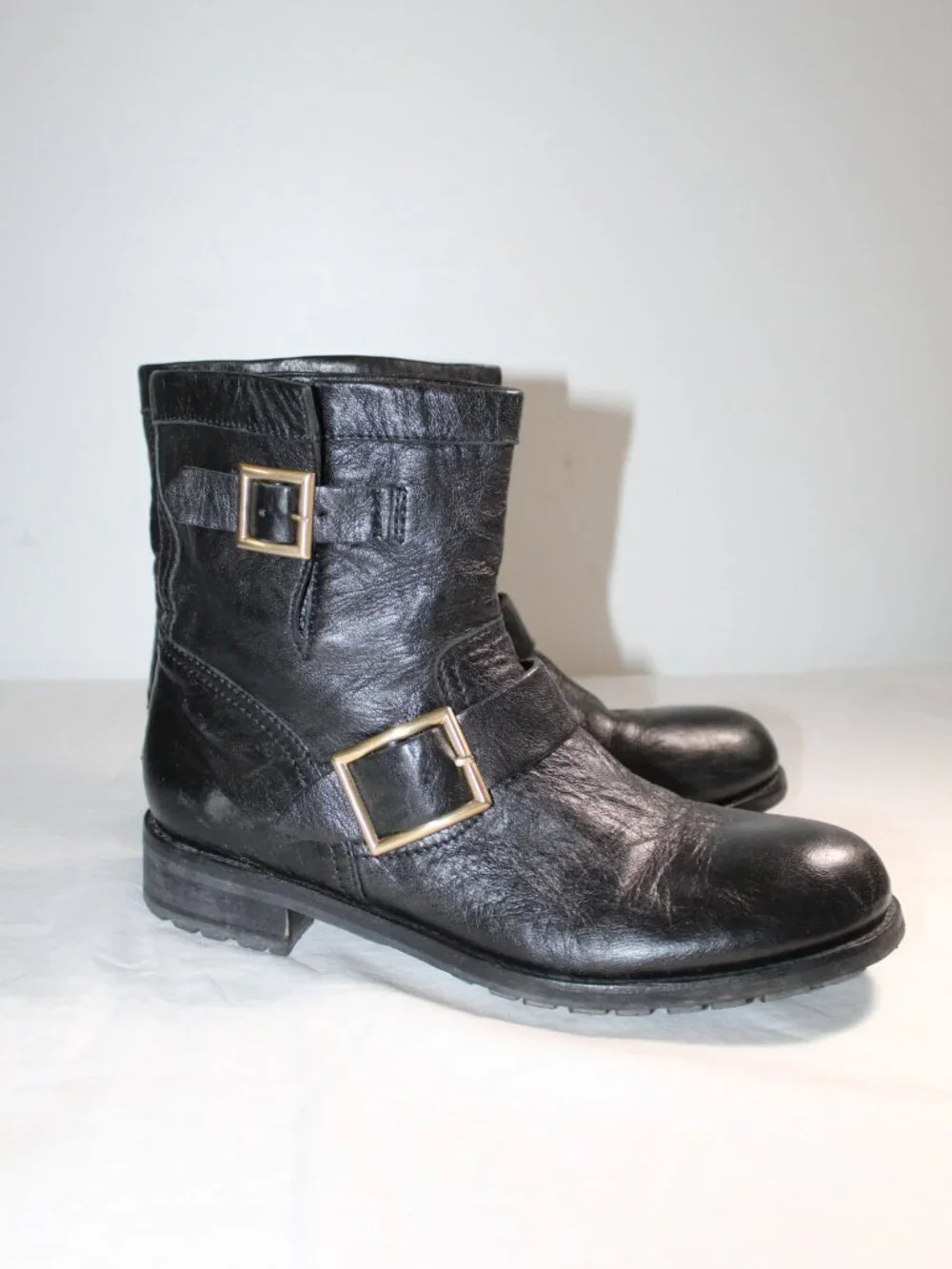 Jimmy Choo Black Leather Biker Boots Booties Double Side Buckles